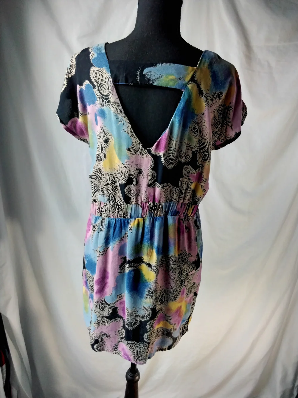 Angie Boho Mini Dress with Pastel Pink, Blue & Yellow Print
